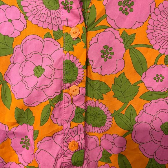 Flora Bea 100% Cotton Pink Orange Green Floral Ruffle Mini Dress Size Medium - Picture 6 of 7